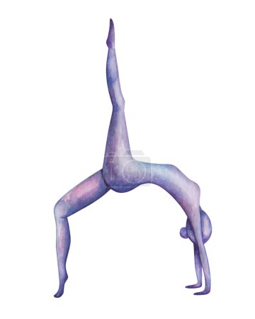 Photo for Watercolor illustration. Hand painted yoga girl balancing in one legged Wheel Pose. Eka Pada Urdhva Dhanurasana. Yoga woman silhouette in purple, blue colors. Fitness, exercises. Isolated clip art - Royalty Free Image