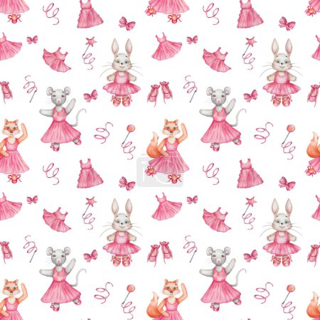 Foto de Watercolor seamless pattern. Hand painted illustration of mouse, fox, rabbit, hare. Girls in dance studio in pink dress, ballet shoes. Cartoon animal character. Print on white background for textile - Imagen libre de derechos