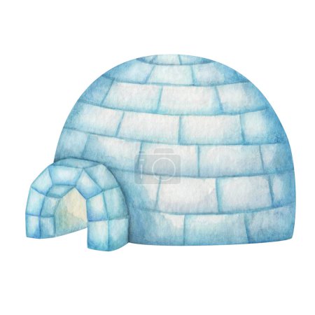 Téléchargez les photos : Illustration aquarelle. Maison igloo peinte à la main en bleu et blanc. Maison de neige au pôle Nord. Icehouse en Arctique. Cabane à neige construite à partir de neige et de glace. Maison traditionnelle inuite. Clip art isolé - en image libre de droit