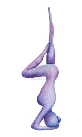 Watercolor illustration. Hand painted yoga girl balancing in supported headstand pose with leg up and bent leg. Salamba Sirsasana. Naked woman silhouette in purple, blue colors. Isolated clip art