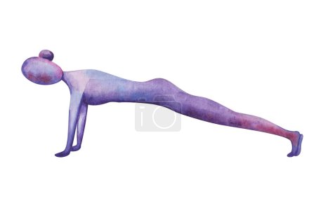 Watercolor illustration. Hand painted yoga girl in high plank pose on arms, feet. Straight body line. Phalakasana. Naked woman silhouette in purple, blue colors. Fitness, exercises. Isolated clip art