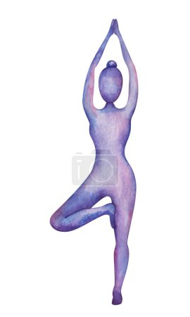 Téléchargez les photos : Illustration aquarelle. Yoga girl peinte à la main équilibrage dans Tree Pose avec les bras en namaste. Vrkshasana. Silhouette femme nue aux couleurs violettes et bleues. Exercices de fitness. Clip art isolé - en image libre de droit