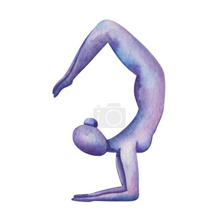Watercolor illustration. Hand painted yoga girl balancing in Scorpion Pose. Forearm handstand exercise. Vrishchikasana. Naked woman silhouette in purple, blue colors. Isolated clip art for yoga studio