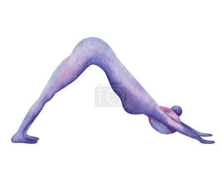 Watercolor illustration. Hand painted yoga girl in Downward Facing Dog. Adho Mukha Svanasana. Naked woman silhouette in purple, blue colors. Stretching exercise. Isolated clip art for yoga studio