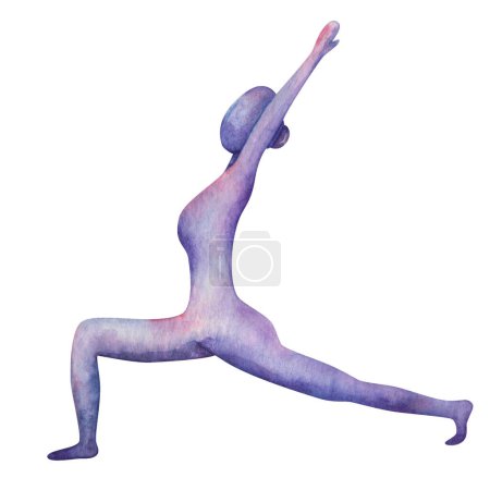 Watercolor illustration. Hand painted yoga girl in Warrior First posture. Virabhadrasana. Naked woman silhouette in purple, blue colors. Stretching, balance pose. Isolated clip art for yoga studio