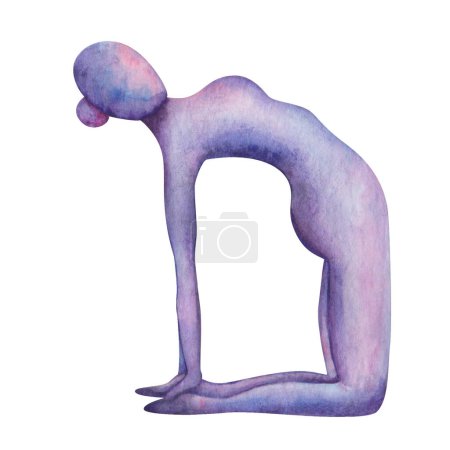 Watercolor illustration. Hand painted yoga girl in Camel Pose. Ustrasana posture. Naked woman silhouette in purple, blue colors. Stretching, balance pose. Isolated clip art for yoga studio banner