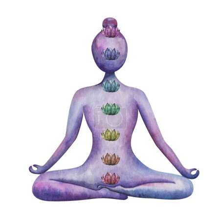 Ilustración en acuarela. Chica de yoga pintada a mano sentada en posición de loto en meditación. Padmasana. Silueta de mujer desnuda de yoga con chakras. Ejercicio de equilibrio. Pinza deportiva aislada. Estudio de yoga