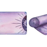 Watercolor set of illustrations. Hand painted yoga mat in purple color with lotus flower, mandala, ornamented sun. Rolled mat for fitness, work out, exercises. Sport equipment. Isolated clip art