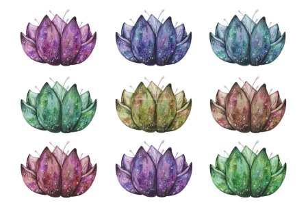 Watercolor set of illustrations. Hand painted lotus flower in purple, blue, green, red, yellow colors. Water lily, nenuphar. Blossoming colorful flowers. Lotos in bloom. Isolated floral clip art