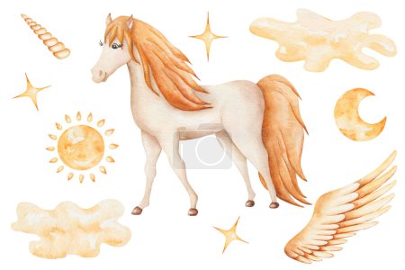 Watercolor set of illustrations. Hand painted horse and sun, moon, stars, clouds, crescent in yellow, golden colors. Pegasus wings. Horn for unicorn. Mare, stallion. Cartoon animal. Isolated clip art