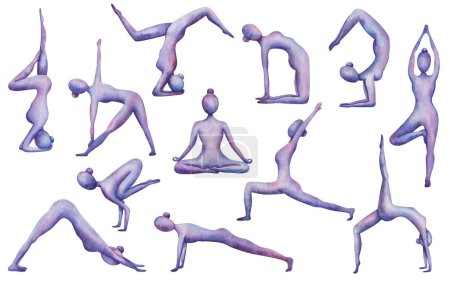 Aquarell illustriert. Handgemalte Yoga-Praxis. Yogi-Mädchen in Yoga-Posen. Balance, Stretching, Kopfstand, Lotus-Posen. Nackte Frauensilhouette. Vereinzelte Sportclips für Yoga-Studio