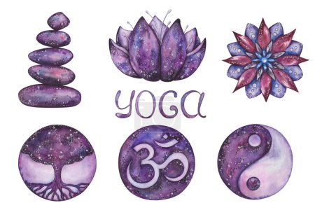 Foto de Conjunto de ilustración en acuarela. Símbolos de yoga pintados a mano en colores púrpura. Mantra om, árbol de la vida, yin yang. Equilibrio apilamiento piedras, mandala, flor de loto. Signos sagrados. Clip art aislado - Imagen libre de derechos