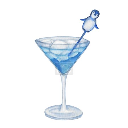 Watercolor illustration. Hand painted blue cocktail on the rocks, with ice cubes, pick with penguin. Blue curacao liqueur, syrup. Aperitif in martini glass. Beverage. Alcohol drink. Isolated clip art