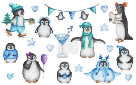 Watercolor set of illustrations. Hand painted cartoon penguin family. Penguin characters boys and girls. Cocktail, gift, fur tree, festoon flags. Marine birds. Isolated clip art for Christmas cards