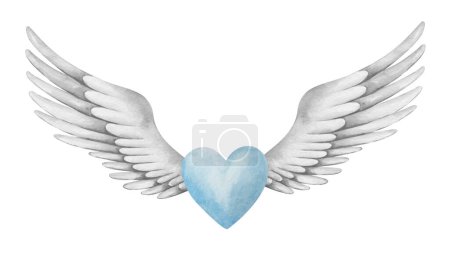 Illustration aquarelle. Coeur bleu peint à la main avec des ailes déployées grises comme ange. Cupidon, chérubin. Symbole d'amour. Des ailes avec des plumes. Clip art isolé pour les mariages. Carte d'amour pour la Saint-Valentin