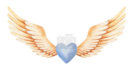 Illustration aquarelle. Coeur bleu peint à la main avec des ailes déployées en or jaune comme ange. Cupidon, chérubin. Symbole d'amour. Des ailes avec des plumes. Clip art isolé pour les mariages. Carte d'amour pour la Saint Valentin
