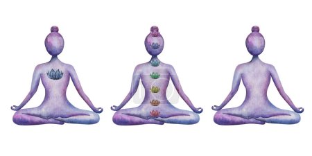 Foto de Conjunto de ilustraciones en acuarela. Chicas de yoga pintadas a mano sentadas en posición de loto en meditación. Padmasana. Silueta de mujer desnuda de yoga con chakras. Cara en blanco. Pinza deportiva aislada. Estudio de yoga - Imagen libre de derechos