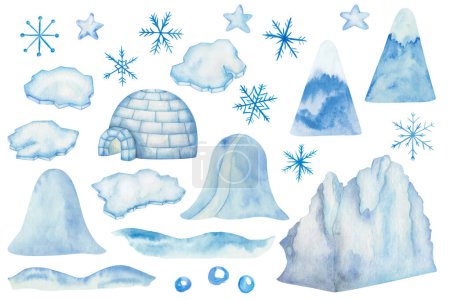 Watercolor set of illustrations. Hand painted igloo house, ice floe, iceberg. Blue, white glacier, mountain, block of ice, icehouse. Floating frozen water, snow. Snowflakes. Winter. Isolated clip art