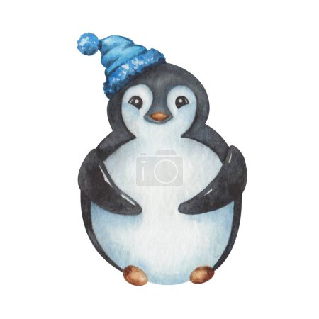 Watercolor illustration. Hand painted cartoon penguin in blue hat. Baby penguin boy. Marine sea bird, nestling. South Pole. Cartoon character. Isolated clip art for Christmas cards