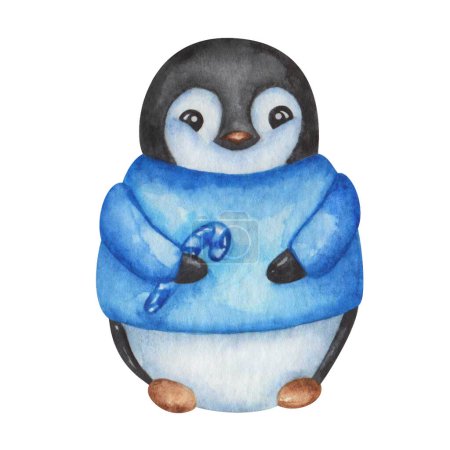 Watercolor illustration. Hand painted cartoon penguin in blue sweater, sweet candy, lollipop. Baby penguin boy. Marine sea bird character, nestling. South Pole. Isolated clip art for Christmas cards