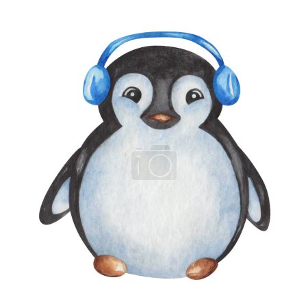 Watercolor illustration. Hand painted cartoon penguin in blue headphones, ear warmers. Baby penguin boy. Marine bird, nestling. South Pole. Cartoon character. Isolated clip art for Christmas cards