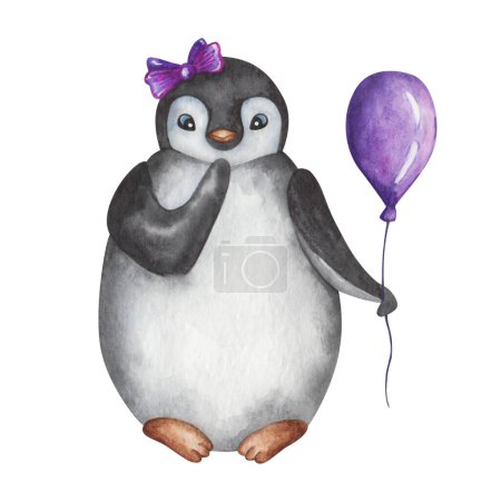 Watercolor illustration. Hand painted penguin violet bow, balloon. Baby penguin girl. Marine sea bird, nestling. South Pole. Cartoon character. Isolated clip art for Christmas card