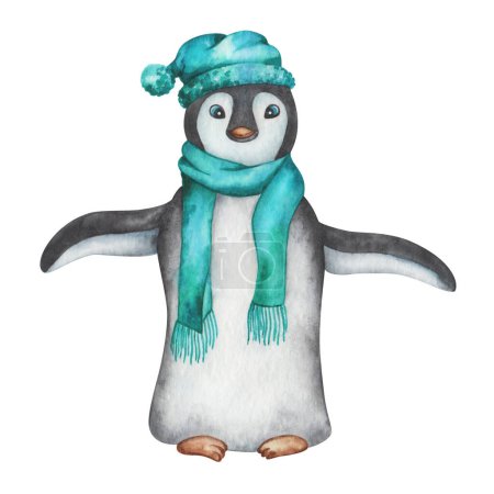 Watercolor illustration. Hand painted penguin in green hat, scarf. Baby penguin boy. Marine sea bird, nestling. South Pole. Cartoon character. Winter clothes. Isolated clip art for Christmas card