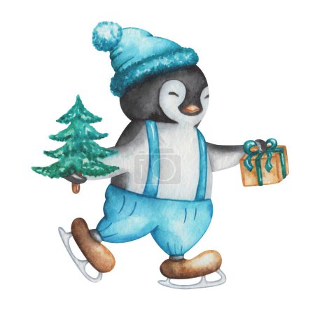 Watercolor illustration. Hand painted penguin in blue hat, pants, with fir tree, present box, in ice skates. Baby penguin boy. Marine bird. Cartoon character. Isolated clip art for Christmas card
