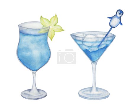 Watercolor set of illustrations. Hand painted blue cocktails on the rocks, ice cubes, carambola, star fruit, pick. Blue lagoon. Blue curacao liqueur, syrup. Aperitif. Alcohol drink. Isolated clip art
