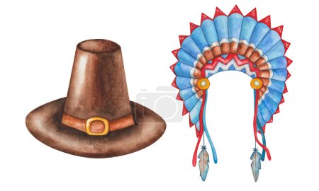 Watercolor set of illustrations. Hand painted brown pilgrim hat, golden buckle. Indian headdress. Hat with bird feathers, blue, red. Native Americans headwear. Isolated clip art for Thanksgiving