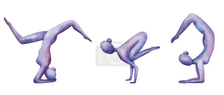 Watercolor set of illustrations. Hand painted yoga girls in asanas. Headstand pose, legs up. Bakasana. Crow, Crane posture. Scorpion pose. Naked woman. Balance. Isolated sport clip art for yoga studio