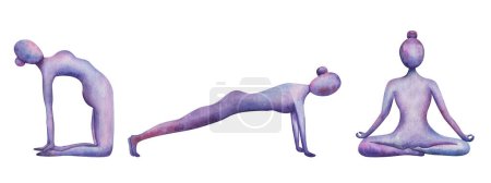 Watercolor set of illustrations. Hand painted yoga girls in asanas. High plank, lotus position. Camel Pose. Ustrasana posture. Naked woman. Stretching, balance. Isolated sport clip art for yoga studio