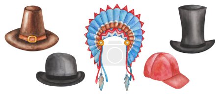 Watercolor set of illustrations. Hand painted headwear. Brown pilgrim hat, golden buckle. Black bowler hat, top hat, gentleman hat. Red cap. Indian headdress. Hat with bird feathers. Isolated clip art