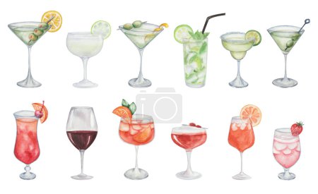 Watercolor set of illustrations. Hand painted cocktails, fruits. Martini, margarita, mojito, gimlet. Sex on the beach, wine, aperol spritz, clover club, rum-runner. Alcohol drink, beverage, aperitif