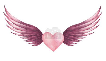 Illustration aquarelle. Coeur rose peint à la main avec des ailes déployées comme ange. Cupidon, chérubin. Symbole d'amour. Des ailes avec des plumes. Clip art isolé pour invitation de mariage. Carte d'amour pour la Saint-Valentin