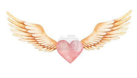 Watercolor illustration. Hand painted pink heart with spread yellow, golden wings as angel. Cupid, cherub. Love symbol. Wings with feathers. Isolated clip art. Love card for Valentine's Day