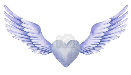 Watercolor illustration. Hand painted blue heart with aquamarine spread wings as angel. Cupid, cherub. Love symbol. Wings with feathers. Isolated clip art for weddings. Love card for Valentine's Day