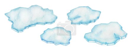 Watercolor set of illustrations. Hand painted blue and white floating ice. Ice floe. Frozen snow, water in sea, ocean. Cold winter. Glacier, iceberg. North Pole, Arctic, Antarctic. Isolated clip art