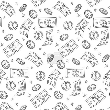 Nahtloses Muster mit fliegendem Geld, Banknoten und Münzen. Handgezeichnet im Doodle-Stil. Design-Tapete, Hintergrund, Handy-Bildschirmschoner, Banner, Flyer, Drucken.