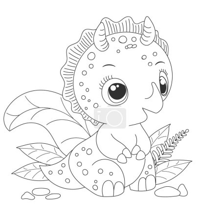 Hand-drawn cute baby dinosaur cartoon dino is sitting on leafy plant. Vector illustration for coloring book on white background.Drawing line contour.  