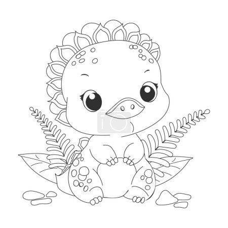 Handgezeichneter niedlicher Baby-Dinosaurier-Cartoon-Dino sitzt auf einer Blattpflanze. Vektor-Illustration für Malbuch auf weißem Hintergrund..     