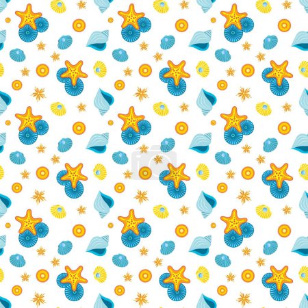 Illustration for Seamless vector pattern of lots of intricately drawn pearl shells and adorable sea stars in cartoon style on white background. Stylish fashion design summer beach. Kids fabric. - Royalty Free Image