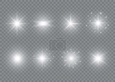Ilustración de Colección de efectos de luz estrellas brillantes, luces centelleantes y parpadeantes sobre fondo transparente. Elemento de diseño decorativo aislado para el nuevo año, Navidad, cumpleaños, fiesta, celebrar. Vector - Imagen libre de derechos