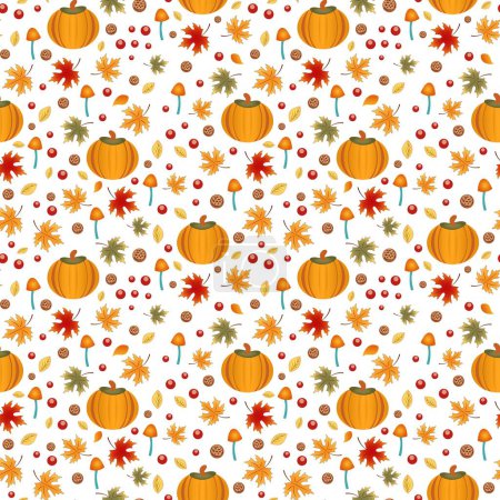 Illustration for Seamless pattern ornament of fall maple leaves and pumpkins on white background. Drawing vector illustration. Autumn design greeting card, wallpaper, fabric, print, thanksgiving, harvest holiday. - Royalty Free Image