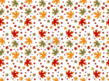 Illustration for Seamless pattern ornament of fall maple leaves and red berries on white background. Drawing vector illustration. Autumn design greeting card, wallpaper, fabric, print, thanksgiving, harvest holiday. - Royalty Free Image