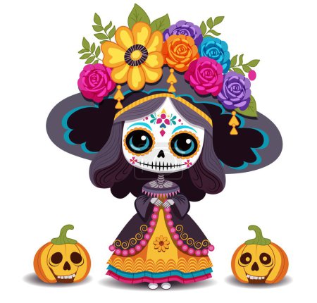 Vektorillustration für den mexikanischen Feiertag der Toten. Bild niedlichen toten Mädchen im Cartoon-Stil in großen mexikanischen Sambrero-Hut mit Blumen. Isoliertes Gestaltungselement auf weißem Hintergrund. 