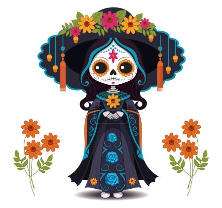 Vektorillustration für den mexikanischen Feiertag der Toten. Bild niedlichen toten Mädchen im Cartoon-Stil in großen mexikanischen Sambrero-Hut mit Blumen. Isoliertes Gestaltungselement auf weißem Hintergrund. 