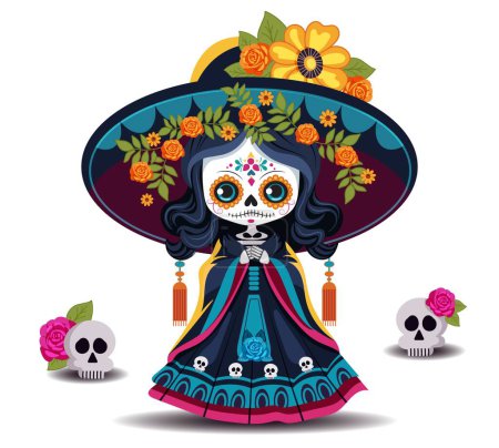 Illustration for Vector illustration for the Mexican holiday Day of the Dead. Image cute dead girl in cartoon style in big Mexican sambrero hat with flowers.  Isolated design element on white background. - Royalty Free Image