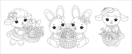 Illustration for Cute animals set. Easter bunny and sheep with a basket. Hand drawn black and white outline drawing for coloring book. Isolated design element. Vector illustration. - Royalty Free Image