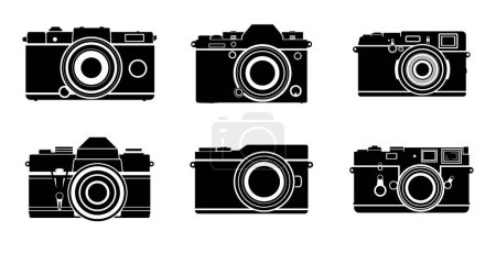Téléchargez les illustrations : Appareil photo sans miroir silhouette ensemble de conception, appareil photo numérique pour la photographie. peut être utilisé pour acheter et vendre des logos de caméra, caméras dslr - en licence libre de droit
